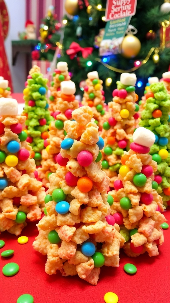Christmas Tree Emoji Recipe Colorful Christmas Tree treats made from rice cereal, shaped like trees and decorated with candies.